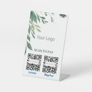 Watercolor Greenery QR Code Scan to Pay Your Logo Pedestal Sign