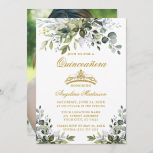 Watercolor Greenery Quinceañera Gold Photo Back Invitation
