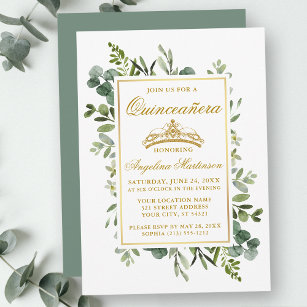 Watercolor Greenery Quinceanera Gold Sage Green Invitation