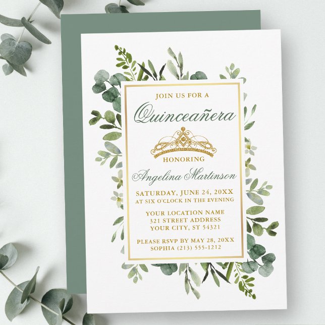 Watercolor Greenery Quinceanera Sage Green Gold Invitation (Customize to change text color, style, add text & photos to back or change color of back of card.)