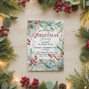 Watercolor Greenery & Red Berries Christmas Party Invitation