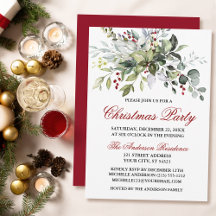 Watercolor Greenery Red Berries Christmas Party