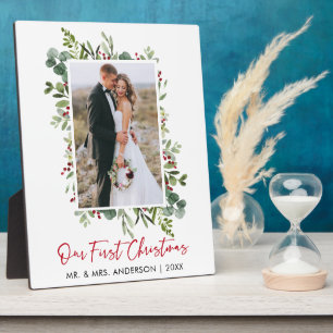 Watercolor Greenery Red Berries Christmas Photo Plaque