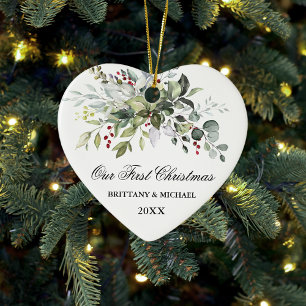Watercolor Greenery Red Berries Couple Heart Ceramic Tree Decoration