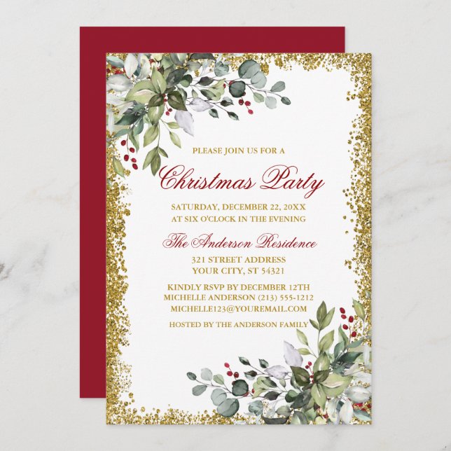 Watercolor Greenery Red Berries Glitter Christmas Invitation (Front/Back)