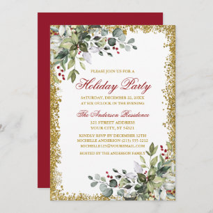 Watercolor Greenery Red Berries Glitter Holiday Invitation