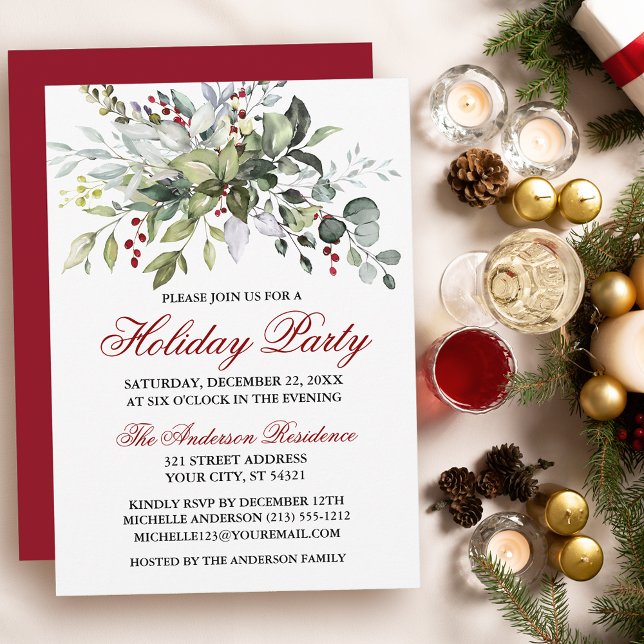 Watercolor Greenery Red Berries Holiday Party Red Invitation (Customize to change text color, size, style or to change color of back of card.)
