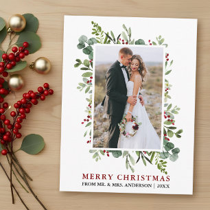Watercolor Greenery Red Berries Newlywed Christmas Postcard
