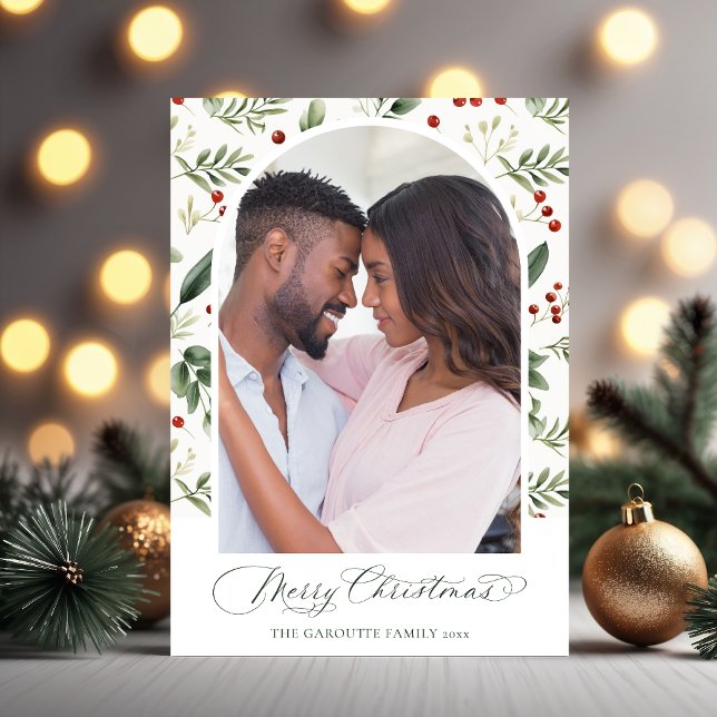 Watercolor Greenery & Red Berry Christmas Photo Holiday Card (Watercolor Greenery & Red Berry Christmas Photo Holiday Card)