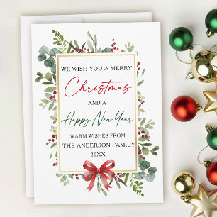 Watercolor Greenery Red Bow Christmas New Year Holiday Card