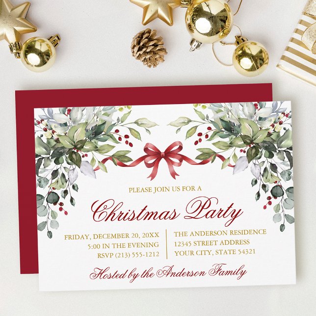 Watercolor Greenery Red Bow Christmas Party Gold Invitation (Customize to change text size, color, style or to change color of back of card.)