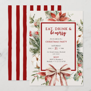 Watercolor Greenery Red Bow Christmas Party Invitation