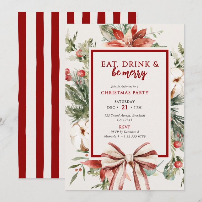 Watercolor Greenery Red Bow Christmas Party Invitation (Front/Back)