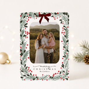 Watercolor Greenery & Red Bow Christmas Photo Card