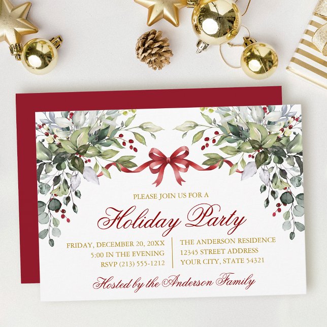 Watercolor Greenery Red Bow Holiday Party Gold Invitation (Customize to change text size, color, style or to change color of back of card.)
