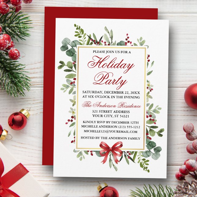 Watercolor Greenery Red Bow Holiday Party Invitation (Customize to change color of back of card.)