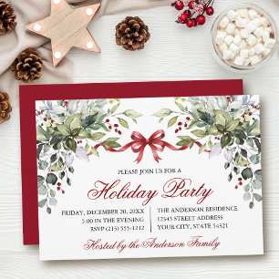 Watercolor Greenery Red Bow Holiday Party Invitation
