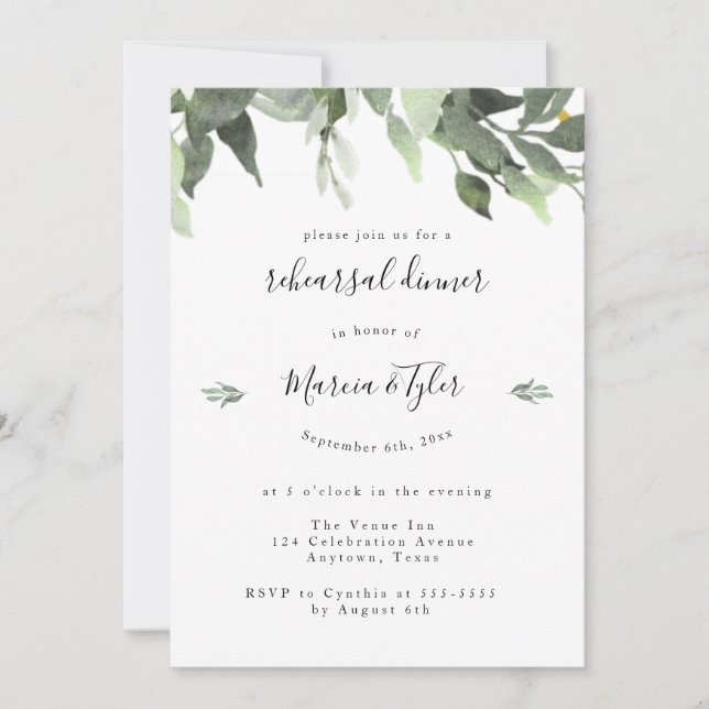 Watercolor Greenery Rehearsal Dinner Invitations  (Front)