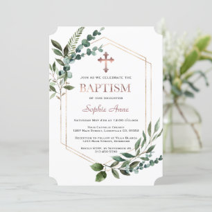 Watercolor Greenery Rose Gold Girl Baptism  Invitation