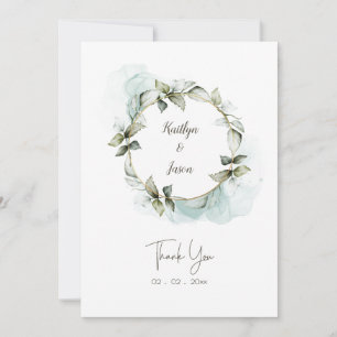 Watercolor greenery rose wreath wedding thank you card