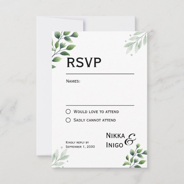 Watercolor Greenery RSVP Card Invitation (Front)