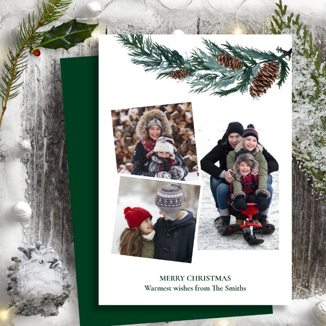 Watercolor Greenery Rustic Green Pine Cone Bough Holiday Card (Creator Uploaded)