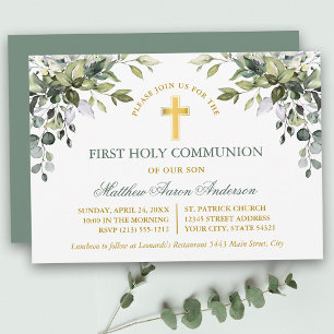 Watercolor Greenery Sage Green Gold Communion Invitation