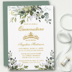 Watercolor Greenery Sage Green Quinceañera Gold Invitation