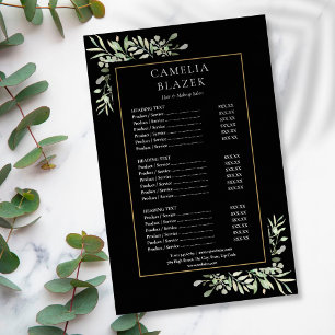Watercolor Greenery Salon Black Gold Service Menu