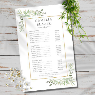 Watercolor Greenery Salon Service Menu