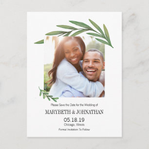 Watercolor Greenery Save The Date Photo Postcard