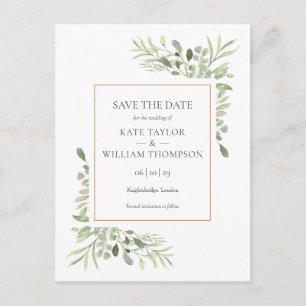 Watercolor Greenery Save the Date Photo Postcard