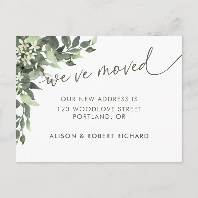 Watercolor Greenery Script Moving Announcement Postcard (Front)