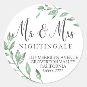 Watercolor Greenery Script Wedding Return Address Classic Round Sticker