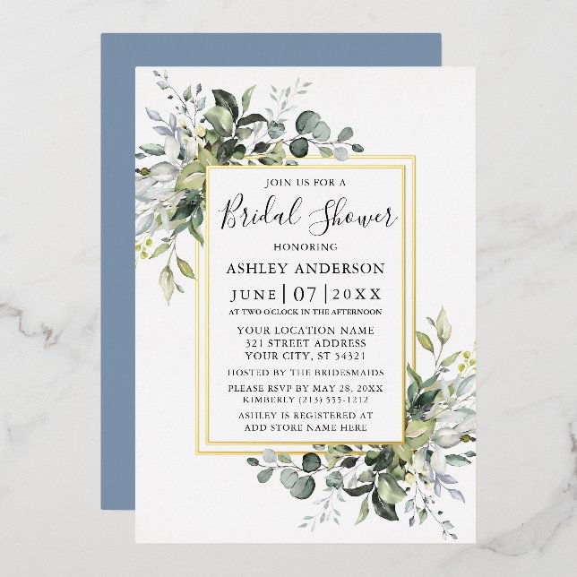 Watercolor Greenery Shower Dusty Blue 2 Frame Gold (Front/Back)