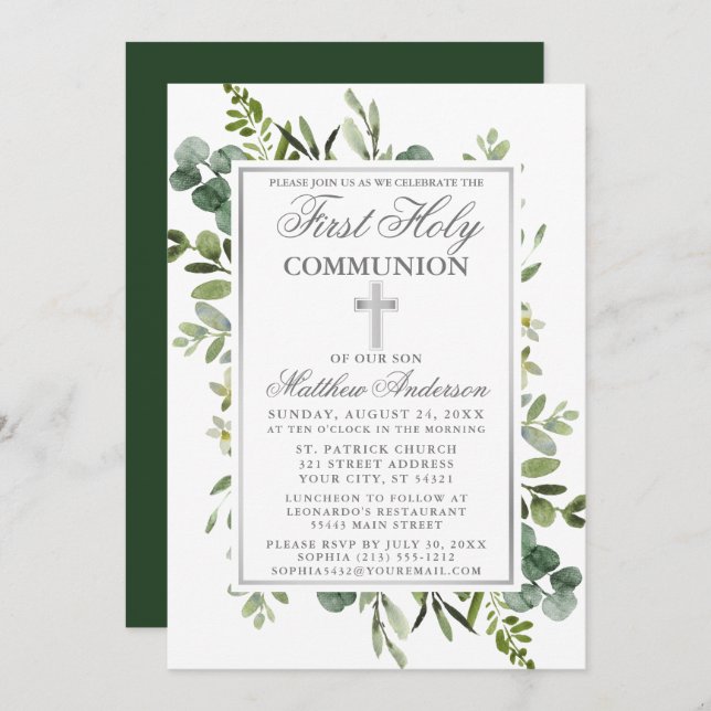 Watercolor Greenery Silver First Communion Invitation (Front/Back)