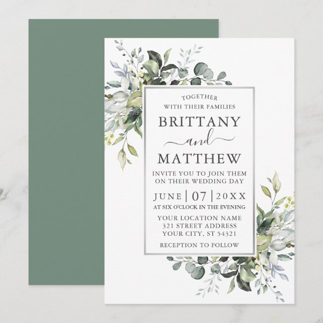 Watercolor Greenery Silver Frame Sage Green Invitation (Front/Back)