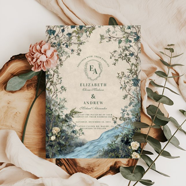 Watercolor Greenery Stream Nature Wedding Invitation (Creator Uploaded)