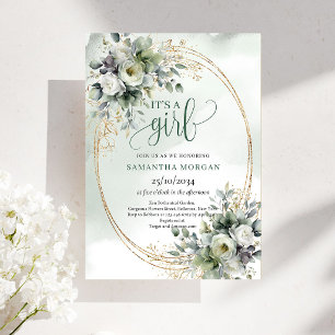 Watercolor Greenery Style It’s A Girl Invitation