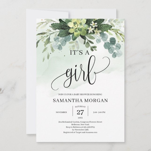 Watercolor greenery succulent floral it's a girl invitation (Front)