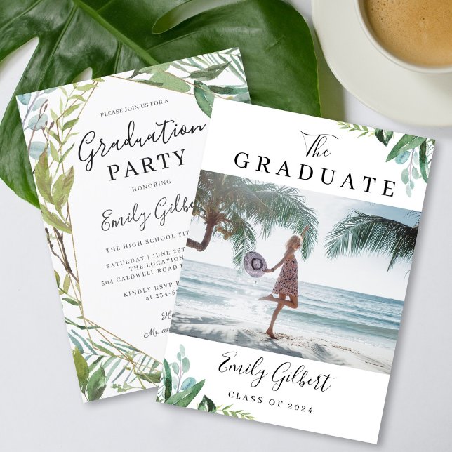 Watercolor Greenery Summer Graduation Party Photo Invitation (Creator Uploaded)
