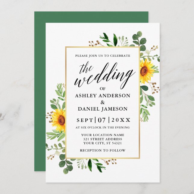 Watercolor Greenery Sunflowers Calligraphy Wedding Invitation (Front/Back)