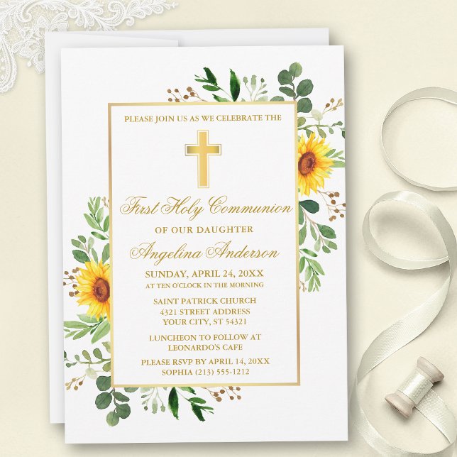 Watercolor Greenery Sunflowers First Communion Invitation (Customize to change text color, size, style or to add photos or more text to back of card.)