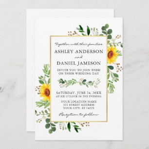 Watercolor Greenery Sunflowers Gold Photo Wedding Invitation