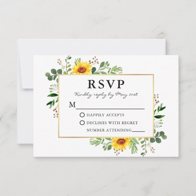 Watercolor Greenery Sunflowers Gold Wedding RSVP Card (Front)
