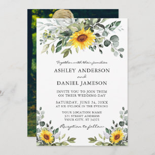 Watercolor Greenery Sunflowers Photo Wedding Invitation