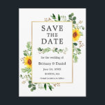 Watercolor Greenery Sunflowers Save The Date Postcard<br><div class="desc">Modern Watercolor Eucalyptus Greenery Sunflowers Gold Frame Save The Date Engagement Announcement Postcard</div>