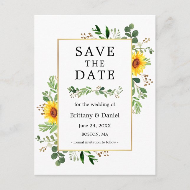 Watercolor Greenery Sunflowers Save The Date Postcard (Front)