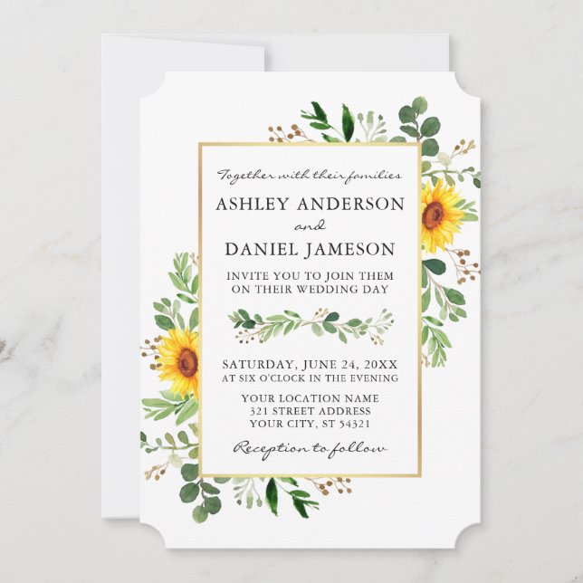 Watercolor Greenery Sunflowers Wedding Gold Invitation (Front)