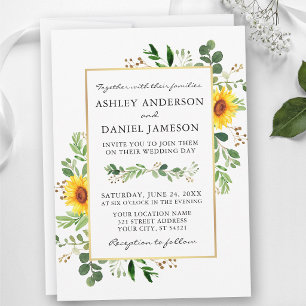 Watercolor Greenery Sunflowers Wedding Gold Invitation